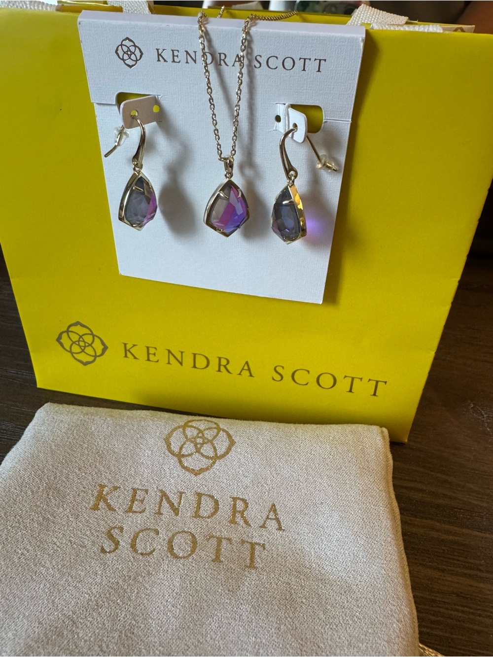 Kendra Scott Gold Drop Earrings and Pendant with Purple Stones
